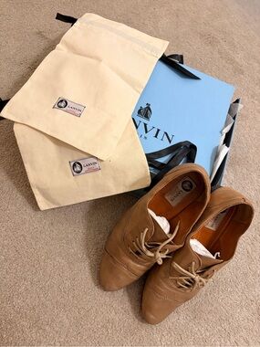 Lanvin Women 38.5  Gold Tan Leather Lace-Up Derby Shoes